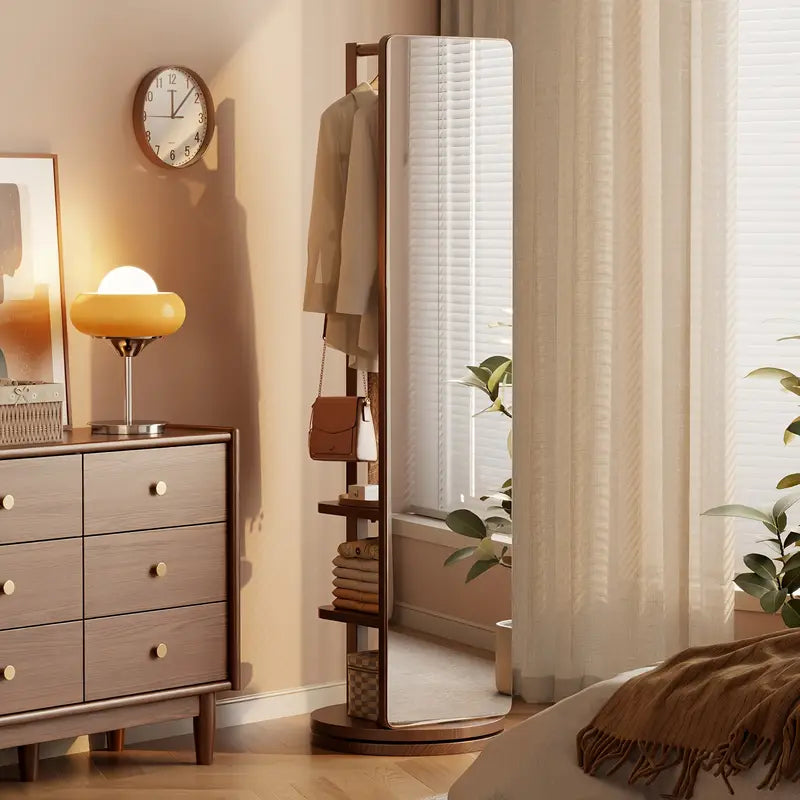 Specchio Eleganza 360° – in Legno Massello con Appendiabiti ✨